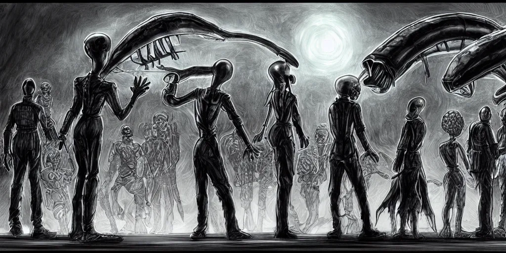 Prompt: aliens in black handing over artifacts to a politician, night scene, inspired by yoshitaka amano, concept art