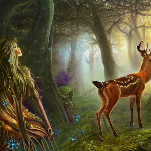 Prompt: a detailed fantasy painting of a deer in a forest looking at a robot city, by lauri blank, artgerm, evelyn de morgan, 8K, 50mm lens