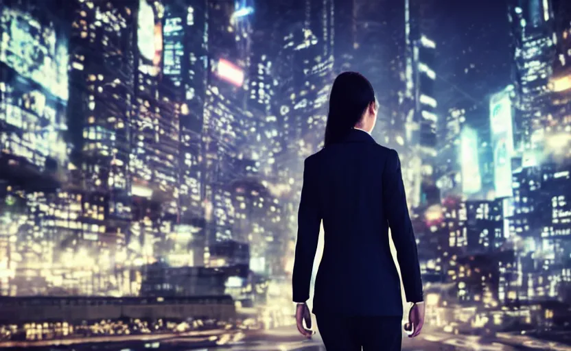 Image similar to a wide shot of a woman with a wool suit, blurred face, wearing an omega speedmaster on her wrist in a dystopian city at night with cyberpunk lights