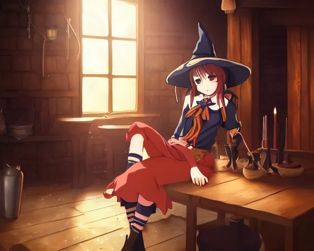Image similar to key anime visual portrait of a young female witch in a tavern interior, dynamic pose, dynamic perspective, cinematic, dramatic lighting, muted colors, fine detail, textured