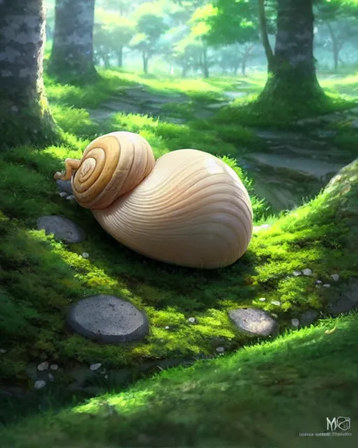 Image similar to a cute large snail with a shell made of stone and moss, lush aspen forest, great detail, epic composition, top down angle ， by makoto shinkai an krenz cushart