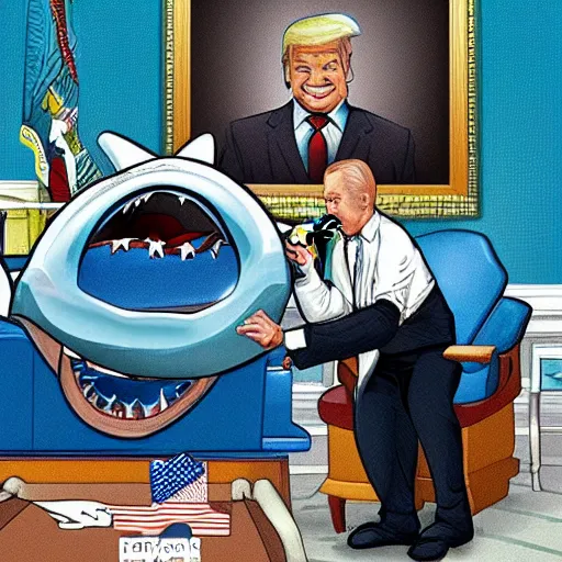 Image similar to cartoon shark having dental work in the dentist chair by president trump in the Oval Office