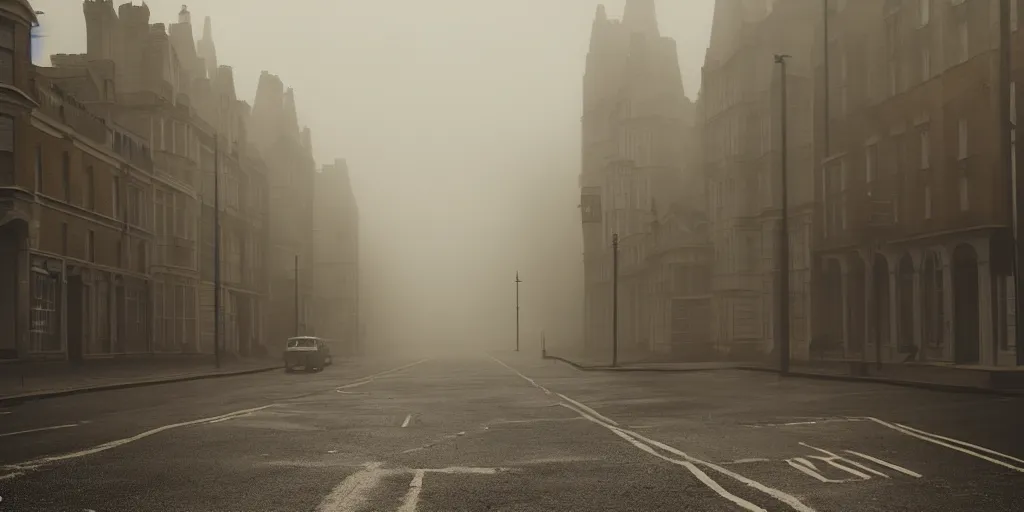 Image similar to parked car on deserted london street 1960, fog, rain, volumetric lighting, beautiful, golden hour, sharp focus, ultra detailed, cgsociety