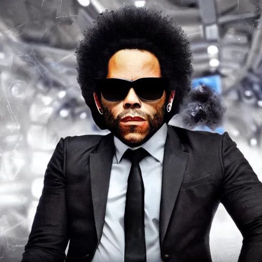 Image similar to lenny kravitz ( with accurate face ) as men in black agent fighting aliens, dynamic movie still, detailed 8 k photorealistic portrait, imdb poster style