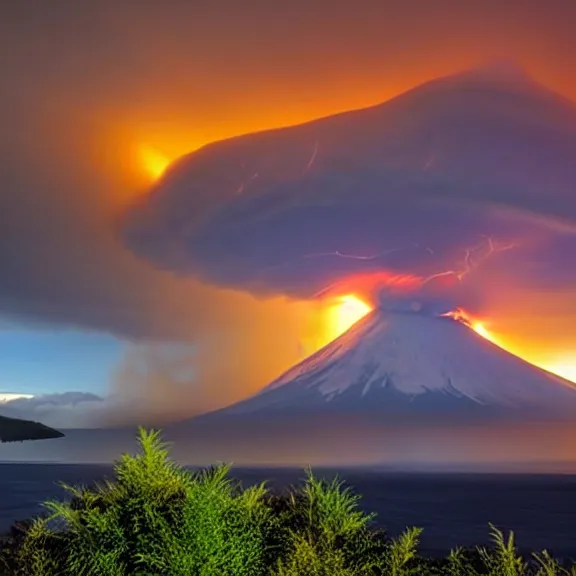 Prompt: stunning photography of the year winner, Osorno volcano erupting during sunrise, electrical storm above