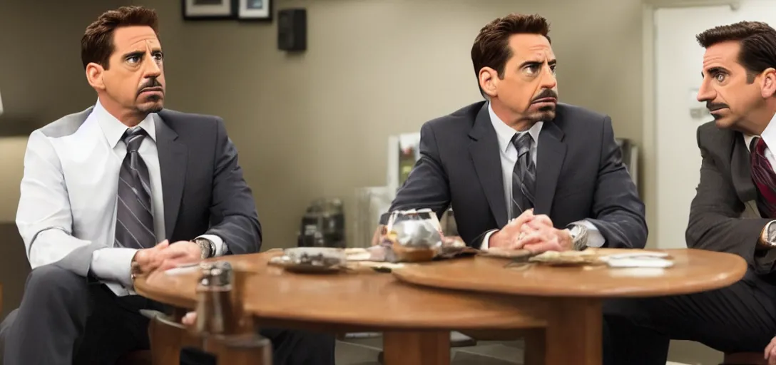 Image similar to a very high resolution image of tony stark with micheal scott. from an episode of the office. photorealistic, photography