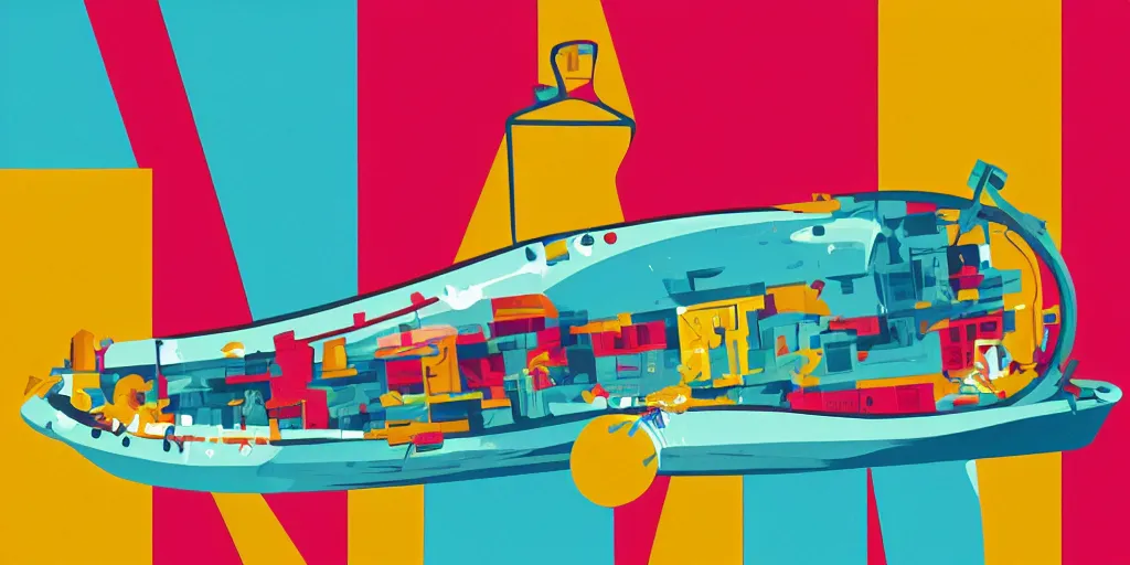 Prompt: ship in a bottle. illustration. multicolored. by tom whalen