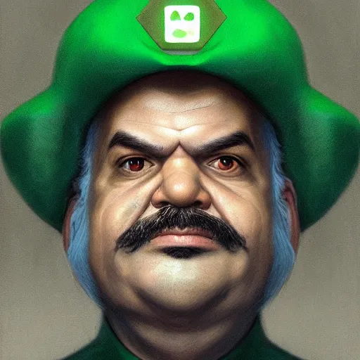 Image similar to hyper realistic, realistic - anime, portrait, beautifully rendered, luis guzman as luigi wearing green, smirking deviously, luigi, luigi's nose, painted by jan van eyck, albrecht durer, greg rutkowski, wlop, artgerm, dishonored 2,