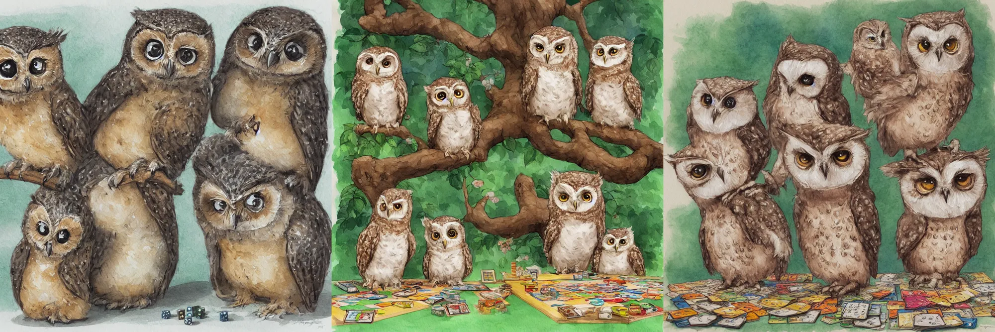 Image similar to two cute baby owls playing board games, children's book watercolor drawing, trending on artstation, highly detailed, concept art, illustration by Tony DiTerlizzi and Dorothy Brook