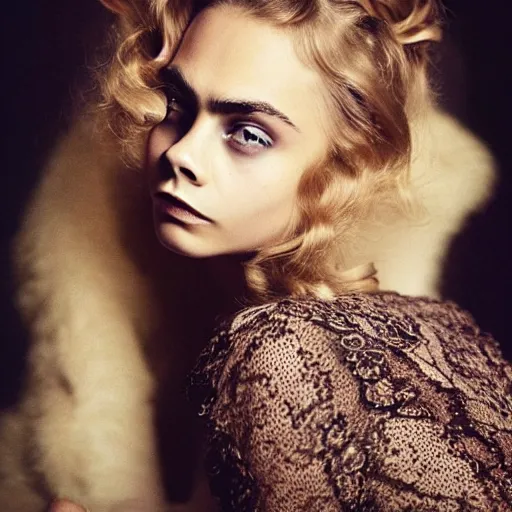 Image similar to photo of a gorgeous 20-year-old Cara Delevingne 1900s hairstyle by Mario Testino, detailed, head shot, award winning, Sony a7R -