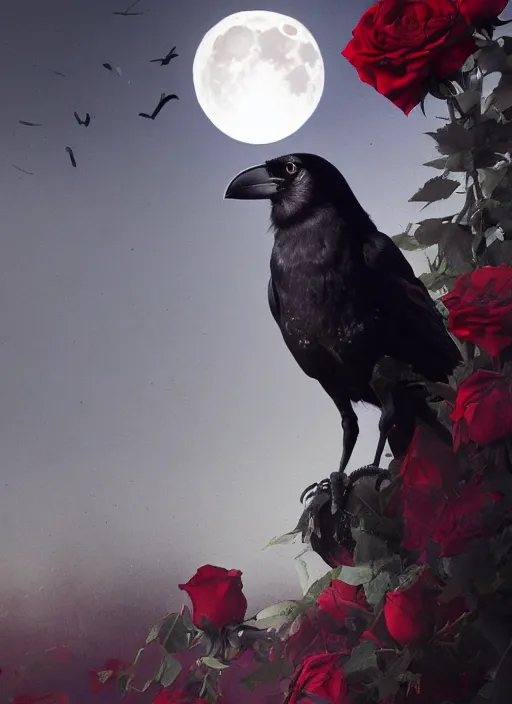 Prompt: portrait, A crow with red eyes in front of the full big moon, book cover, red roses, red white black colors, establishing shot, extremly high detail, photo-realistic, cinematic lighting, by Yoshitaka Amano, Ruan Jia, Kentaro Miura, Artgerm, post processed, concept art, artstation, raphael lacoste, alex ross, portrait, A crow with red eyes in front of the full big moon, book cover, red roses, red white black colors, establishing shot, extremly high detail, foto realistic, cinematic lighting, by Yoshitaka Amano, Ruan Jia, Kentaro Miura, Artgerm, post processed, concept art, artstation, raphael lacoste, alex ross