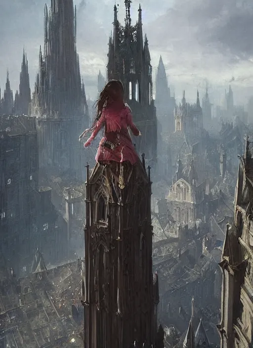 Image similar to a girl stands atop the tallest spire in a gothic fantasy city. beautiful painting by greg rutkowski