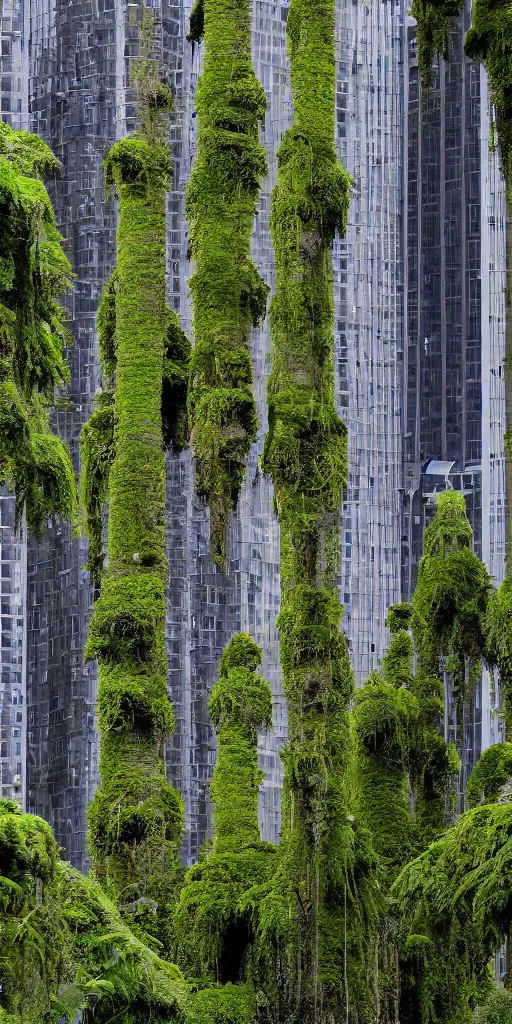 Prompt: elevational photo of tall and slender concrete towers emerging out of the ground. The towers are covered with Moss and ferns growing from heavily eroded crevices. The towers are clustered very close together and stand straight and tall. The office towers have 50 floors with deep balconies writhing hanging plants.