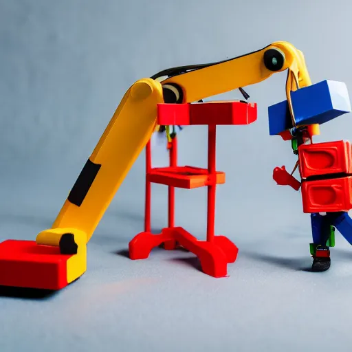 Image similar to photograph of a book being put together by a toy construction crew. Toy crane. white background, studio photography