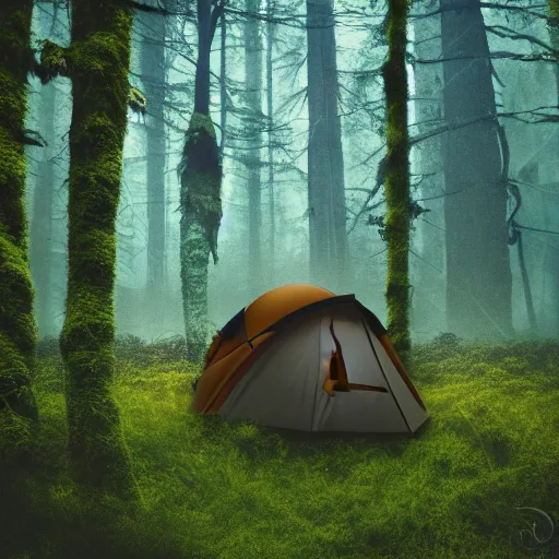 Prompt: photograph of an astronaut sitting inside a small tent at night, in heavy rainfall, alien planet, portrait picture, trees, forest, ferns, moss, wet, astronaut is relaxing