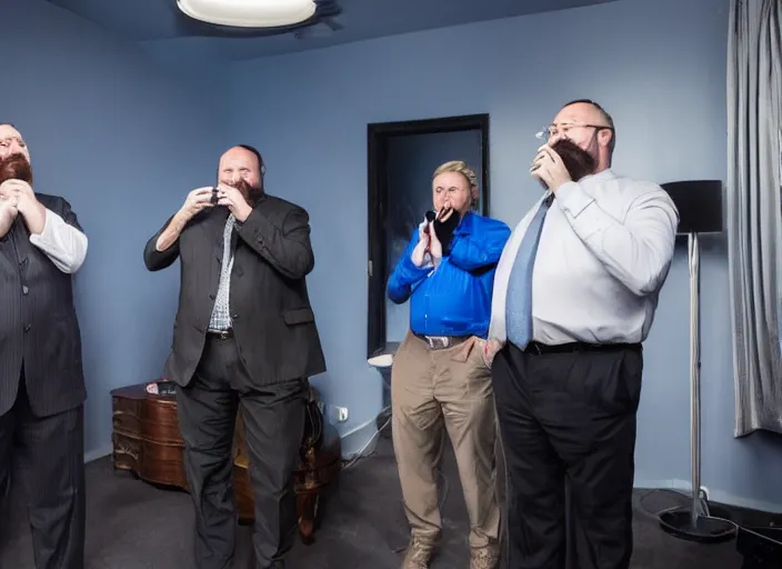 Image similar to dslr photo still of infowars host alex jones in a blue suit fat beard and mustache sitting depressed in a room filled to the ceiling with cell phones, 5 2 mm f 5. 6