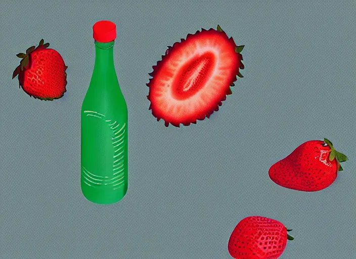 Image similar to ( ( dither ) ), editorial illustration strawberries blueberries sliced kiwi sliced lemon inside a clear drinking bottle, isometric, modern art deco, mads berg, karolis strautniekas, stippled light, fog, fine texture, dynamic composition, matte print, ( ( unreal engine ) )