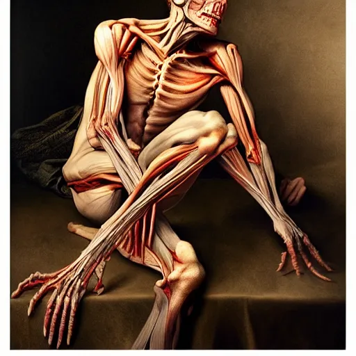 Prompt: male human with translucent skin, visible muscles and veins and arteries and bones and spines and nerves, beautiful detailed intricate insanely detailed octane render, 8k artistic photography, photorealistic, chiaroscuro, by David Cronenberg, Raphael, Caravaggio