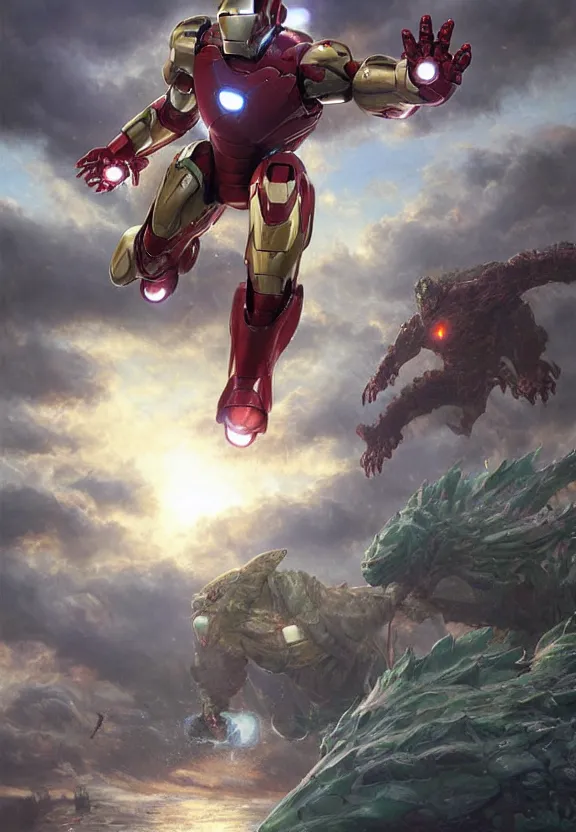 Image similar to iron man fighting a giant kaiju, highly detailed, science fiction landscape, art style by klimt and nixeu and ian sprigger and wlop and krenz cushart