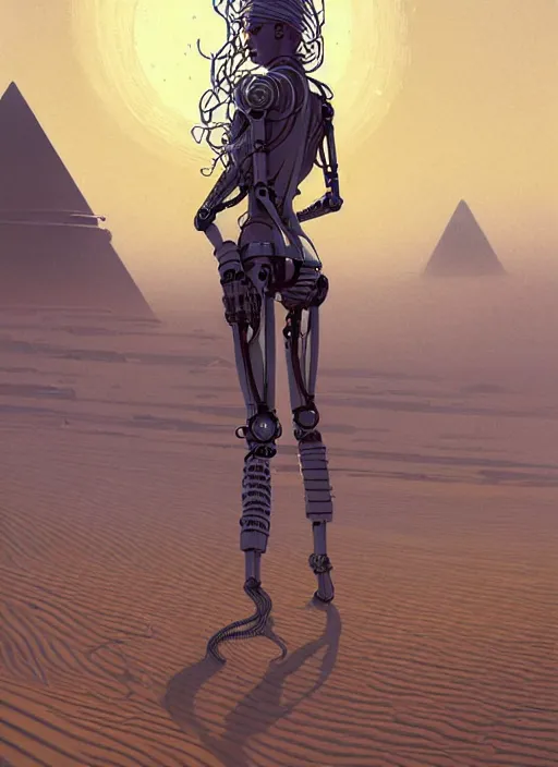Image similar to highly detailed portrait of a robotic cyborg long curly white hair nomadic tribal lady, stray wiring, emerging from sand by atey ghailan, james gilleard, by joe fenton, by greg rutkowski, by greg tocchini, by kaethe butcher, 4 k resolution, gradient yellow, black and white color scheme!!! ( ( robotic sandstorm robotic pyramid landscape background ) )