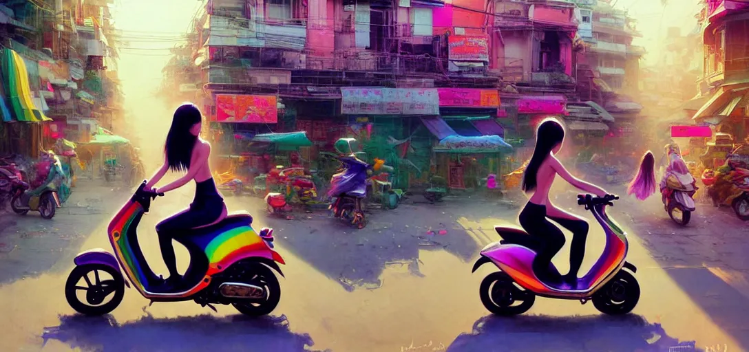 Image similar to a young asian girl, not wearing clothes, riding on the moped scooter, on the street of hanoi, digital illustration by ruan jia on artstation, colorful, rainbow, sunlight, soft lighting, insanely detailed and intricate, hypermaximalist, elegant, ornate, hyper realistic, super detailed, by akihito yoshida, by bob byerley