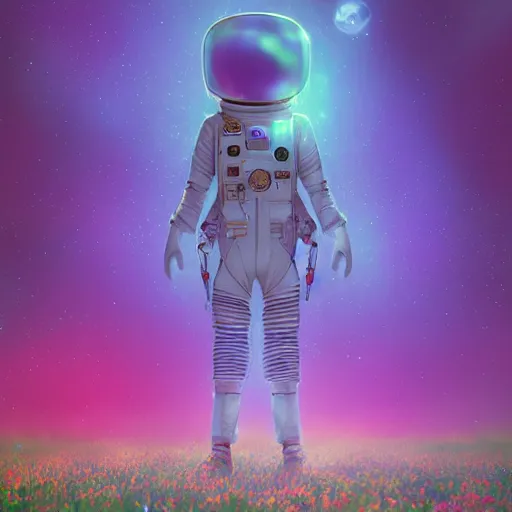 Prompt: an alien astronaut among a field of foreign flowers by rossdraws and beeple, cosmic nebulae, deviantart:4, bokeh, dark rainbow, cgsociety