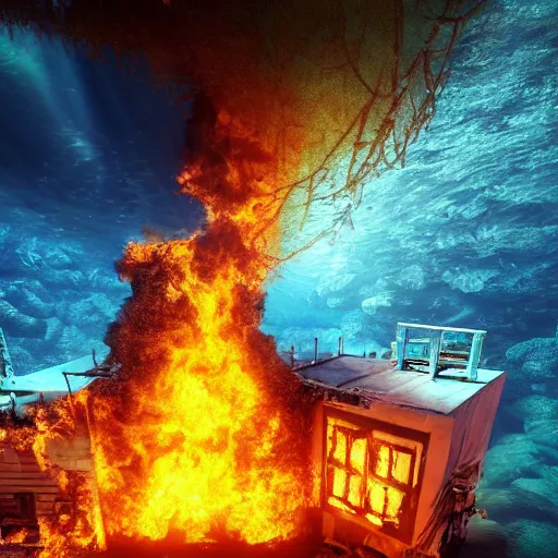 Image similar to a house burning underwater, with a humanoid robot, 8 k resolution, colorful, mariana trench