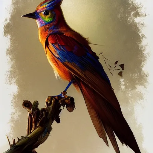 Image similar to carved wooden colorful bird, golden crown, dark, rusty, fantasy forest, highly detailed, realistic, artstation, concept art, smooth, sharp focus, illustration, art by artgerm and greg rutkowski and alphonse mucha