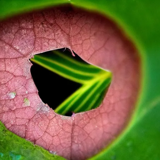 Prompt: beautiful photo of a close up of a green leaf, with a small hole in it. through the hall you can see a women's face, who is looking through.