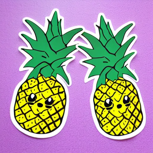 Prompt: die cast sticker of two cute anime chibi smiling pineapples