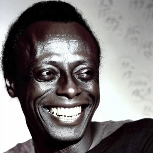 Prompt: miles davis smiling with 8 rows of sharp pointy teeth and wide eyes