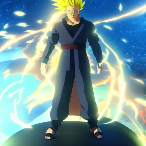 Prompt: an epic anime of a energy man super sayayin, black jacket, ghibli, unreal 5, octane render, rpg portrait, dynamic lighting, epic, epic anime, 2 d