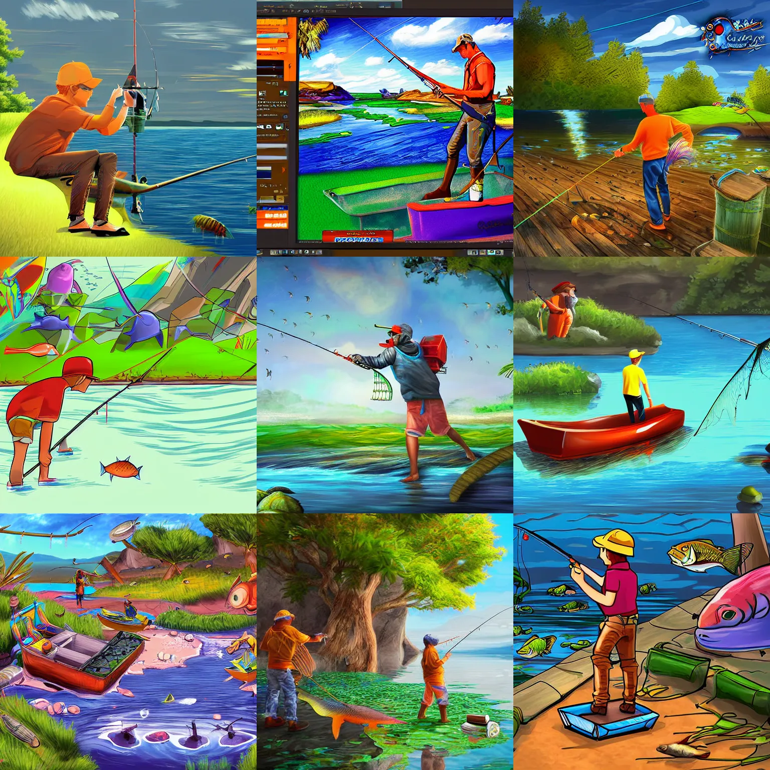 Prompt: digital art, concept art, fishing game, colorful, side view