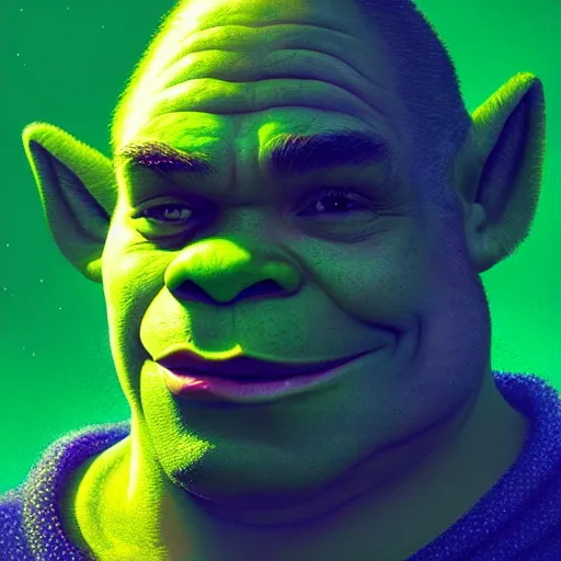 Prompt: neon portrait of shrek, highly detailed, digital painting, artstation, concept art, sharp focus, illustration, art by greg rutkowski and alphonse mucha