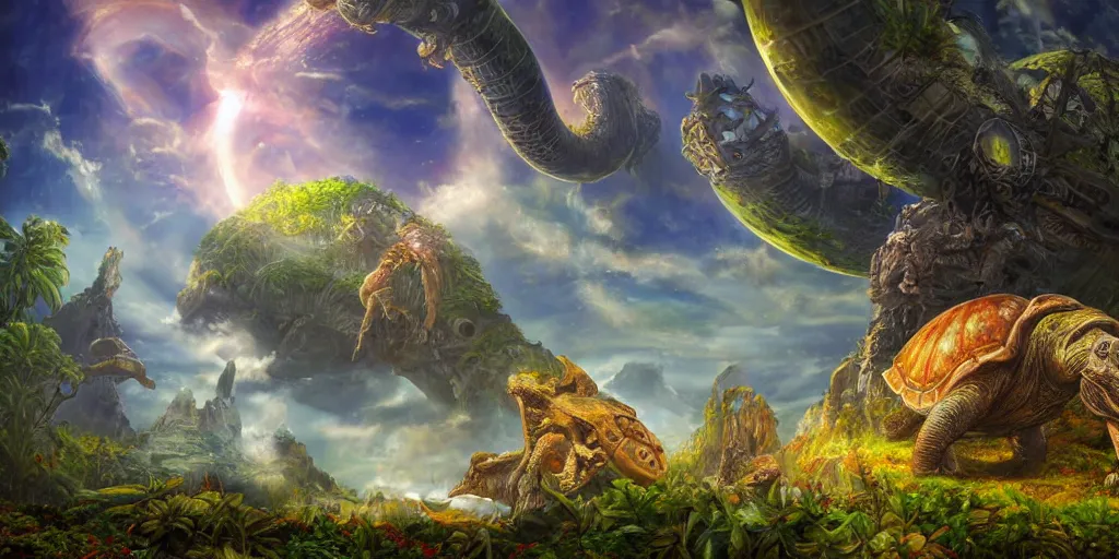 Image similar to fantasy oil painting, klattu's radiant spacecraft, outer worlds, great leviathan, turtle cephalopod terrapin reptilian pachyderm amphibian hybrid, rainforest mountains, lush plants flowers, epic natural light, bright clouds, luminous sky, bright cinematic key lighting, michael cheval, michael whelan, vray, 8 k hd