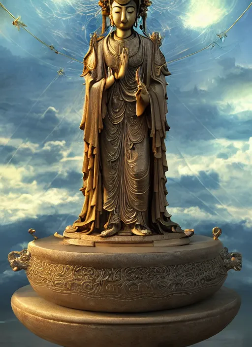 Image similar to guanyin stand on big loutus, a godness of the southern seas, a realistic setting with muted colors, visual novel cover, by yoshitaka amano, zeng fanzhi, jane hamilton, tiffany studios, sunrays shine uponit, frostbite 3 engine, cryengine, dof, trending on artstation, digital art, fantasy detailed background