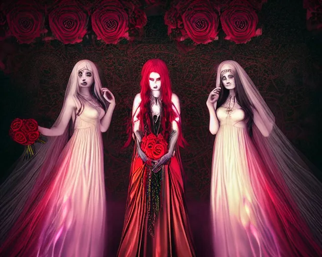 Image similar to three stunning gothic goddesses with beautiful angelic faces, wearing psychedelic wicca, in wedding dresses, red neon roses, full body, long flowy hair, dark and mysterious, atmospheric, ominous, eerie, volumetric cinematic light, epic, 8 k 3 d, ultra detail, ultra realistic, by wlop, by mucha