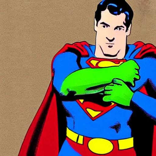 Image similar to superman holding kermit the frog by the throat, floating, superheroes, comic