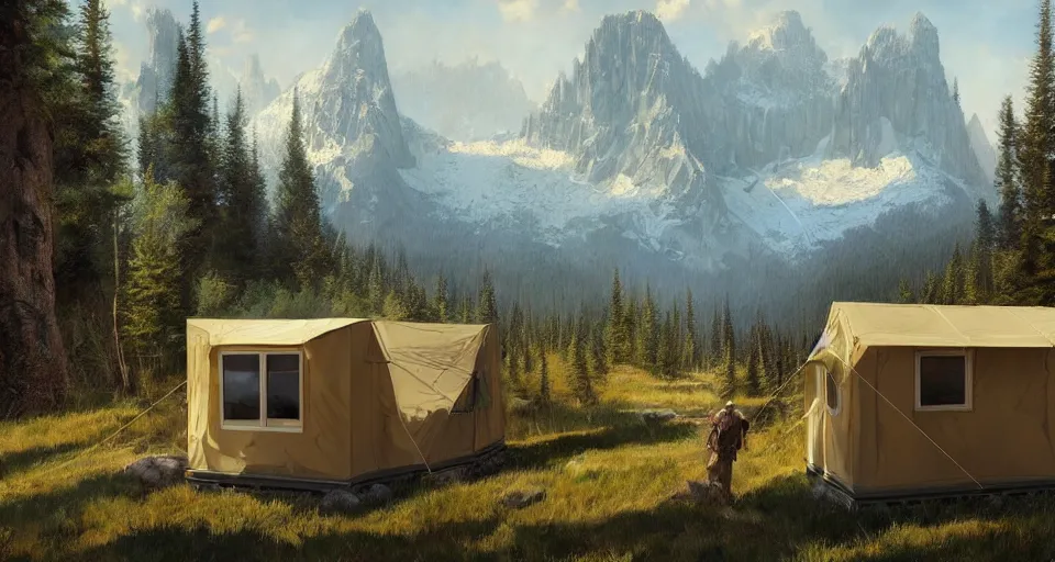 Image similar to cabela's beautiful comfortable self contained modular insulated wall container home kit - house all weather family dwelling tent house, person in foreground, mountainous forested wilderness open fields, beautiful views, painterly concept art, environmental concept art, concept art illustration, by james gurney, by craig mullins, by greg rutkowski trending on artstation