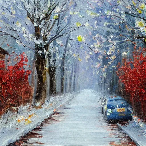 Image similar to painting depicting all four season in one painting, summer, winter, spring, autumn, concept art, artstation, detailed, impressionism, oil on canvas, knife painting, messy,