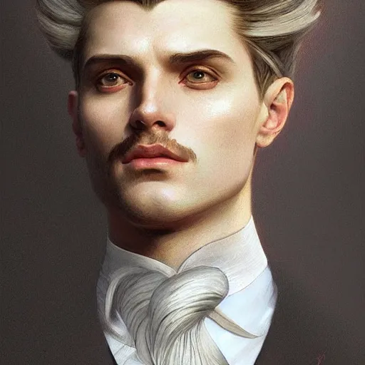 Image similar to portrait of a hairsuit man, cliffs, intricate, elegant, highly detailed, digital painting, artstation, concept art, smooth, sharp focus, illustration, art by artgerm and greg rutkowski and alphonse mucha and william - adolphe bouguereau