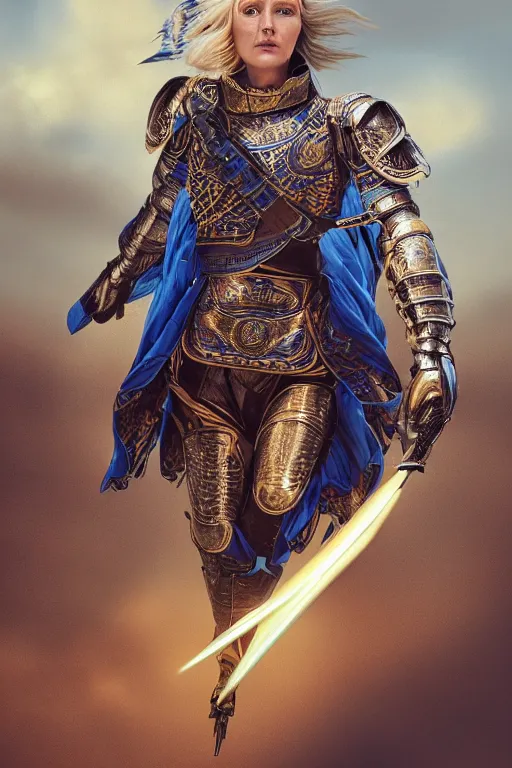 Image similar to realistic detailed photo of ladyhawke, soaring through the sky, blue eyes, woven armour with , intricate complexity, Behance, golden ratio, fibanci background, vray, rich deep colors