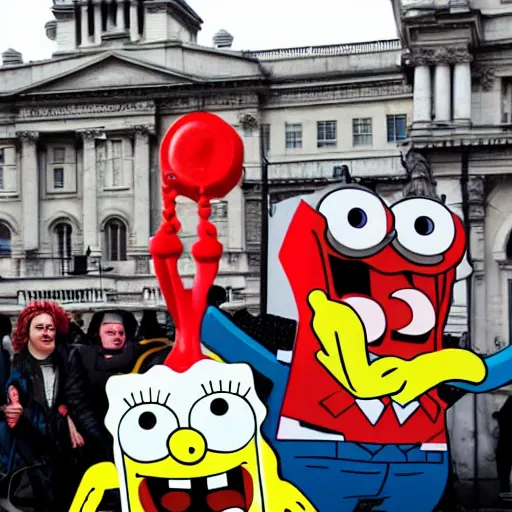 Image similar to spongebob squarepants protests against the british government at trafalgar square