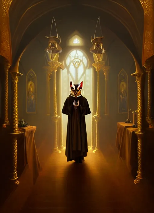 Image similar to surrealistic portrait of anthropomorphic caracal in golden priest clothes wearing vr in orthodox church, bokeh, foggy, dynamic lighting, darkness, ambients, dramatic, foggy, heavy bokeh and blur, cinematic, depth of field, art by bussiere rutkowski andreas rocha