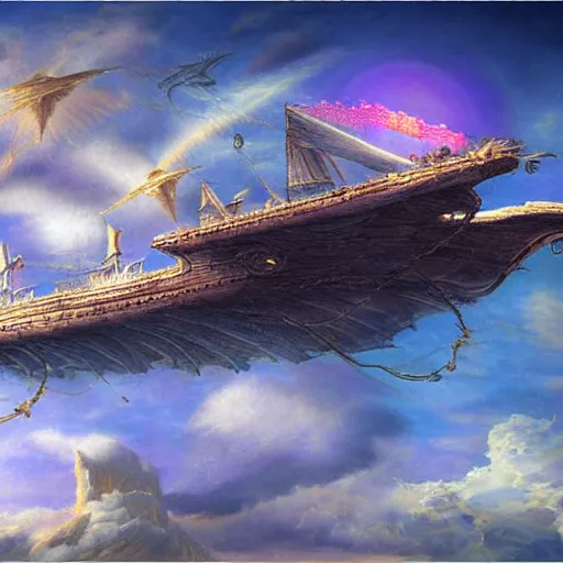 Image similar to ( magic skyship ) flying over ( fantasy landscape ), highly detailed, beautiful