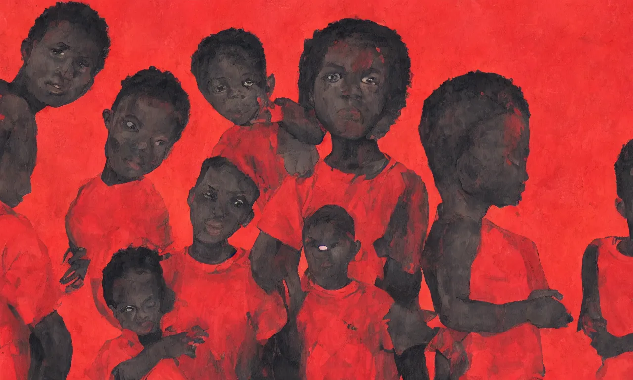 Prompt: black kids mixing with together in a cloudy red abstract background , a detailed painting by Naudline Cluvie Pierre, trending on artstation