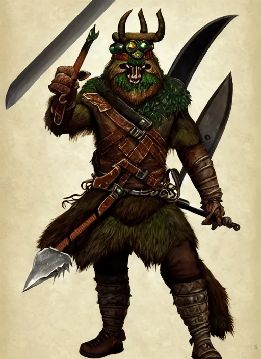 Image similar to strong young man, photorealistic bugbear ranger holding a flaming sword, black beard, dungeons and dragons, pathfinder, roleplaying game art, hunters gear, jeweled ornate leather and steel armour, concept art, character design on white background, by alan lee, norman rockwell, makoto shinkai, kim jung giu, poster art, colours red and green