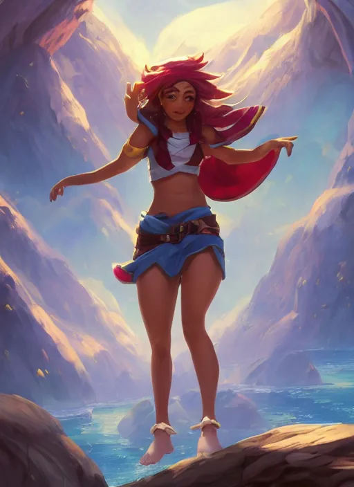 Image similar to joyful taliyah, from league of legends, au naturel, with abs, rock climbing, hyper detailed, mountain background, digital art, trending in artstation, cinematic lighting, studio quality, smooth render, unreal engine 5 rendered, octane rendered, art style by klimt and nixeu and ian sprigger and wlop and krenz cushart