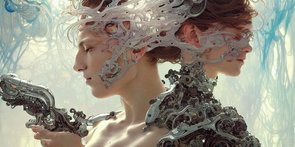 Prompt: hyperdetailed close up fine art portrait of a harshly dressed cyborg in an ocean of white milk with mycelium hair, highly detailed, artstation, smooth, sharp focus illustration, artstation hq. intricate, elegant. art by wlop and artgerm and greg rutkowski, alphonse mucha, dan mumford, tomokazu matsuyama, takato yamamoto