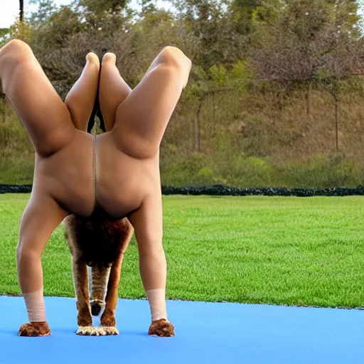 Image similar to an athletic anthropomorphic lioness doing a handstand